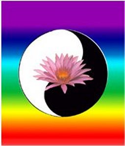 Yin-yang picture with lotus in center & rainbow colors behind